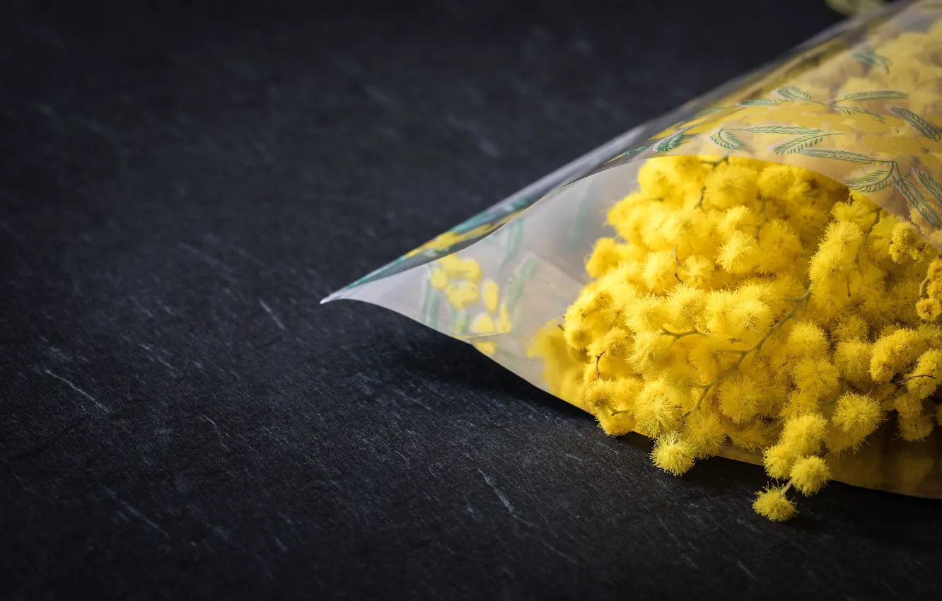 Photo wallpaper flowers, table, background, Mimosa