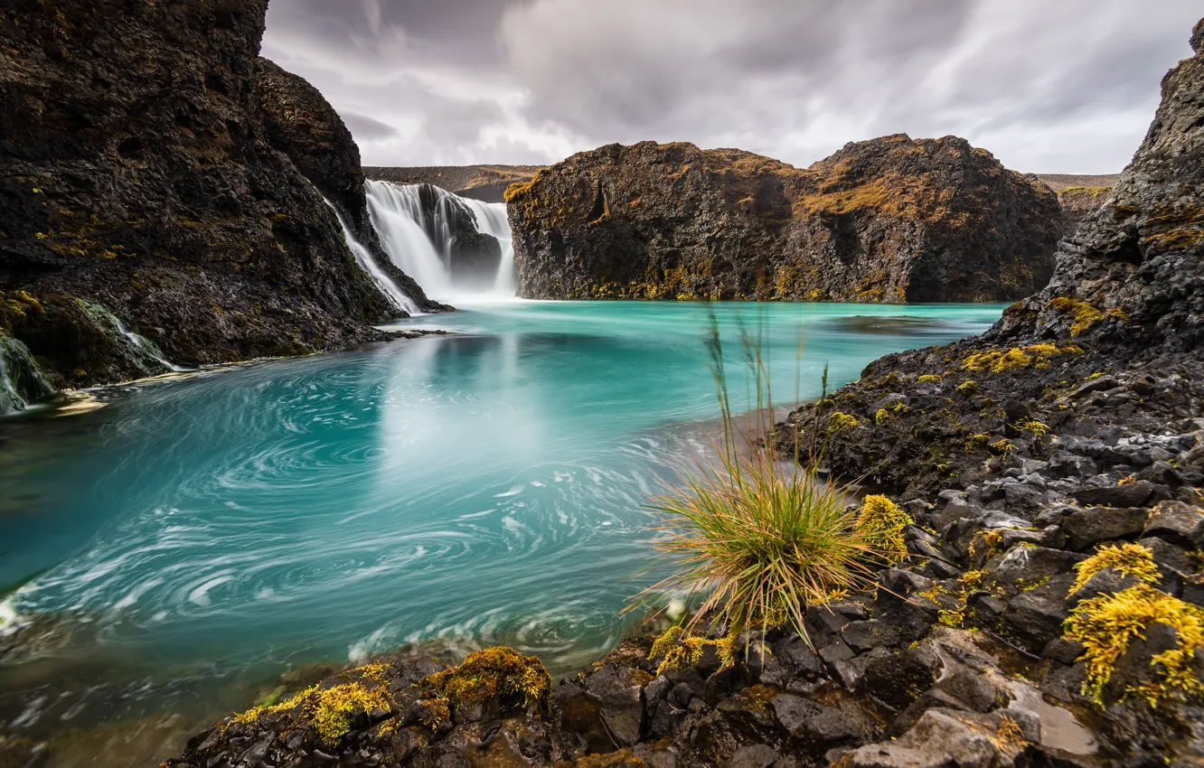Photo wallpaper stones, rocks, shore, waterfall, pond