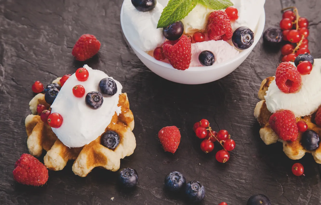 Photo wallpaper berries, raspberry, blueberries, ice cream, dessert, waffles, cakes, vanilla