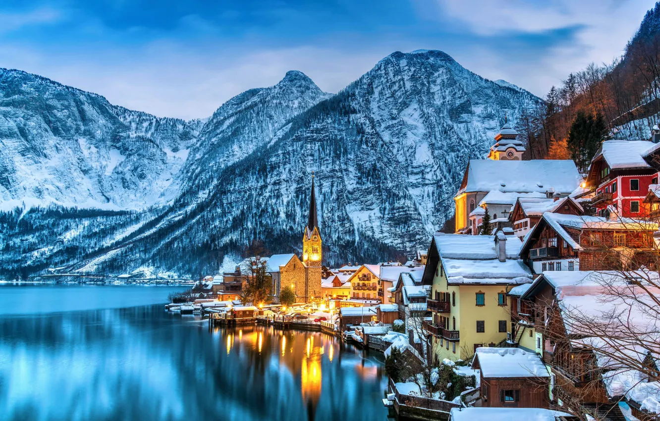 Photo wallpaper winter, mountains, lake, Austria, town, winter, Austria, Hallstatt