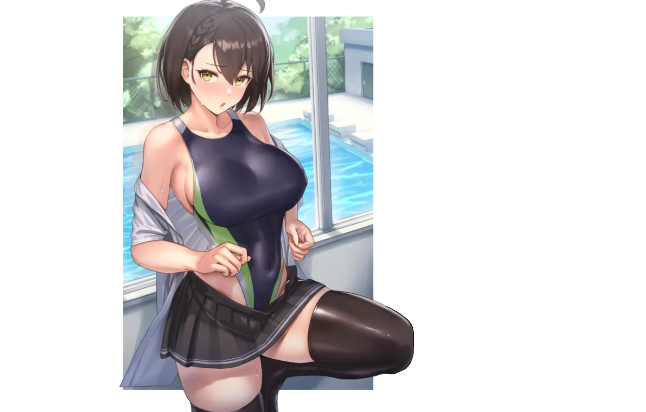 Photo wallpaper girl, hot, sexy, anime, short hair, pretty, swimsuit, babe