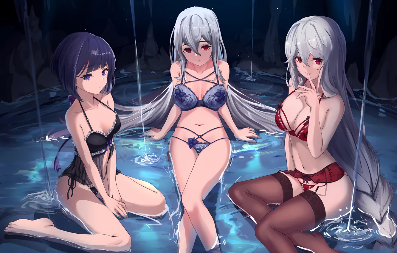 Photo wallpaper sexy, lingerie, bra, cleavage, blouse, panties, thighhighs, long hair