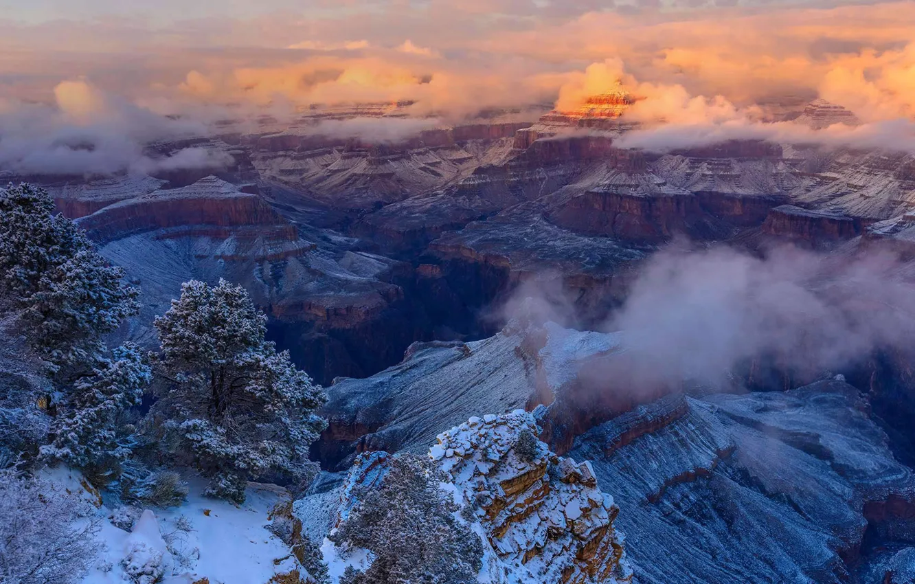 Photo wallpaper winter, clouds, AZ, USA, National Park Grand Canyon