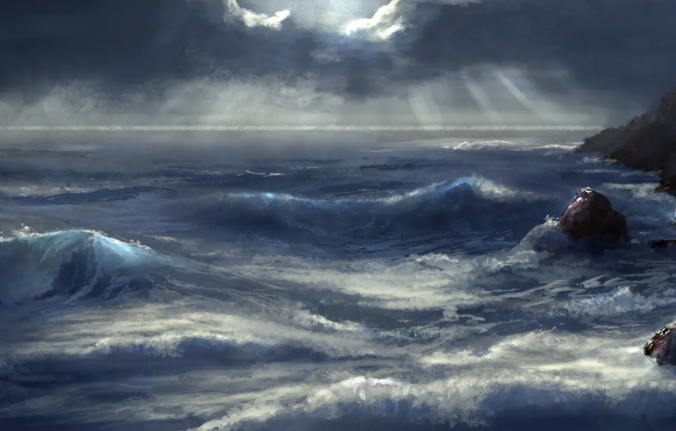 Photo wallpaper sea, wave, rays, stones, rocks, art, bad weather, painted landscape