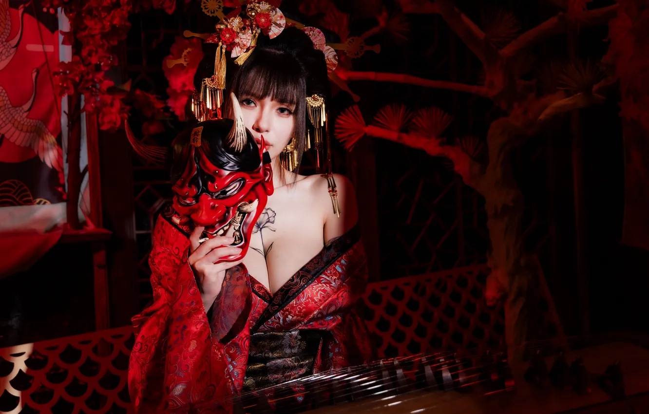 Photo wallpaper look, mask, kimono, Asian