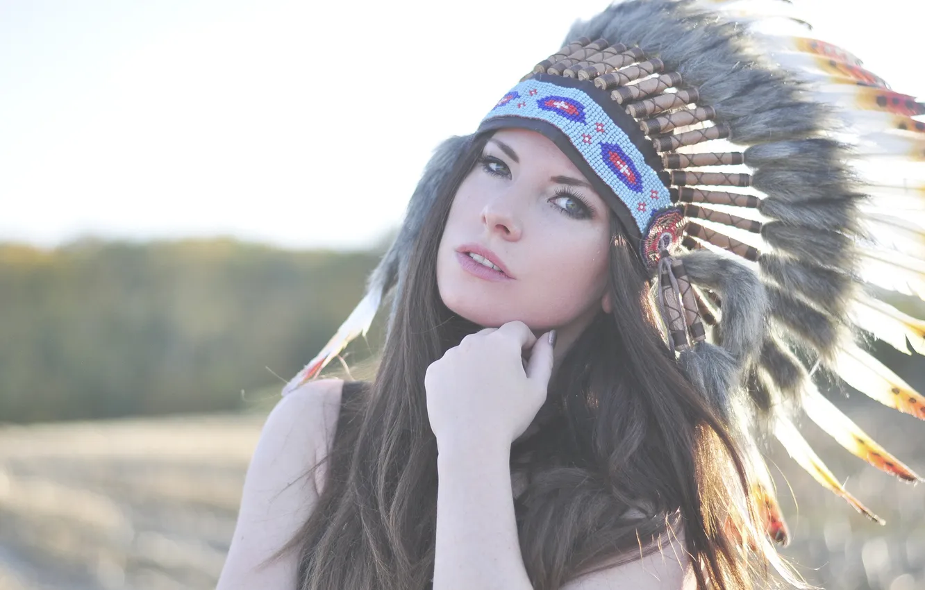 Photo wallpaper look, girl, face, feathers, headdress