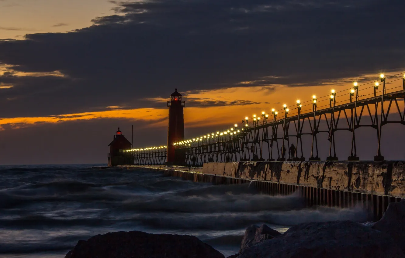 Photo wallpaper sunset, Lake Michigan, Grand Haven Pier