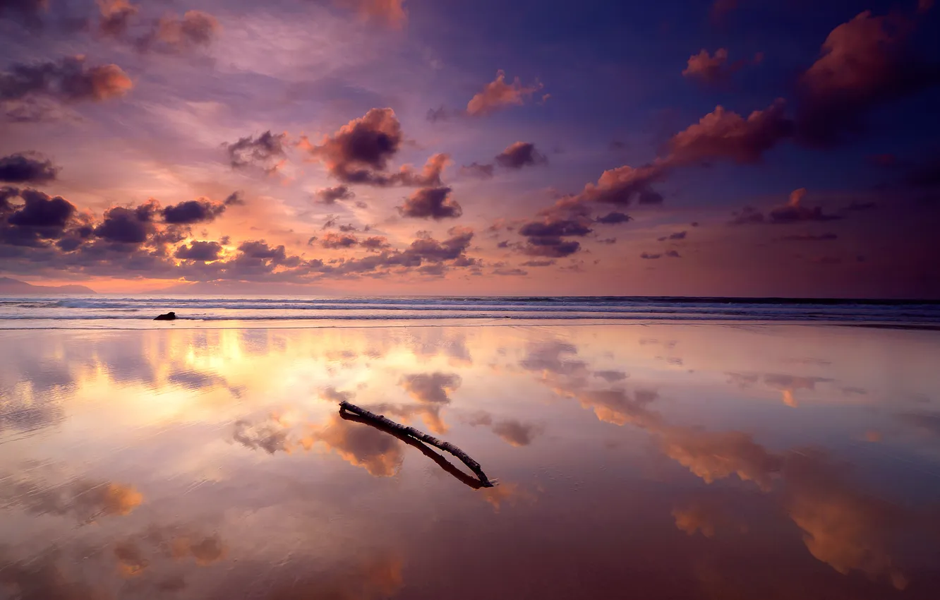 Photo wallpaper sea, the sky, clouds, reflection, snag