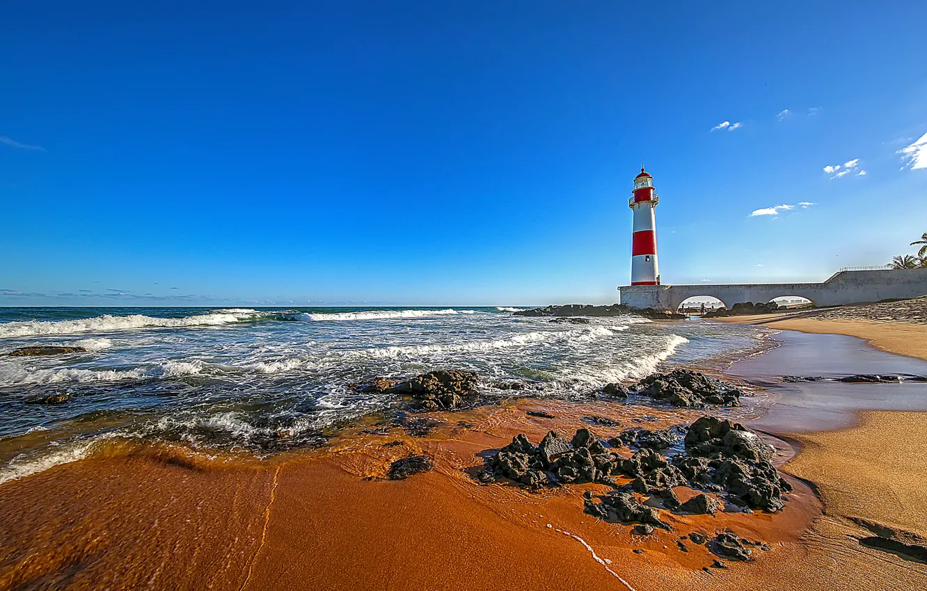 Photo wallpaper wave, beach, clouds, lighthouse, horizon, Brazil, blue sky, Salvador