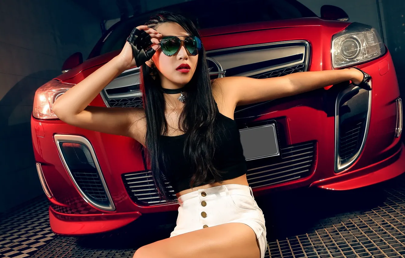 Photo wallpaper look, Girls, Opel, Asian, beautiful girl, red car
