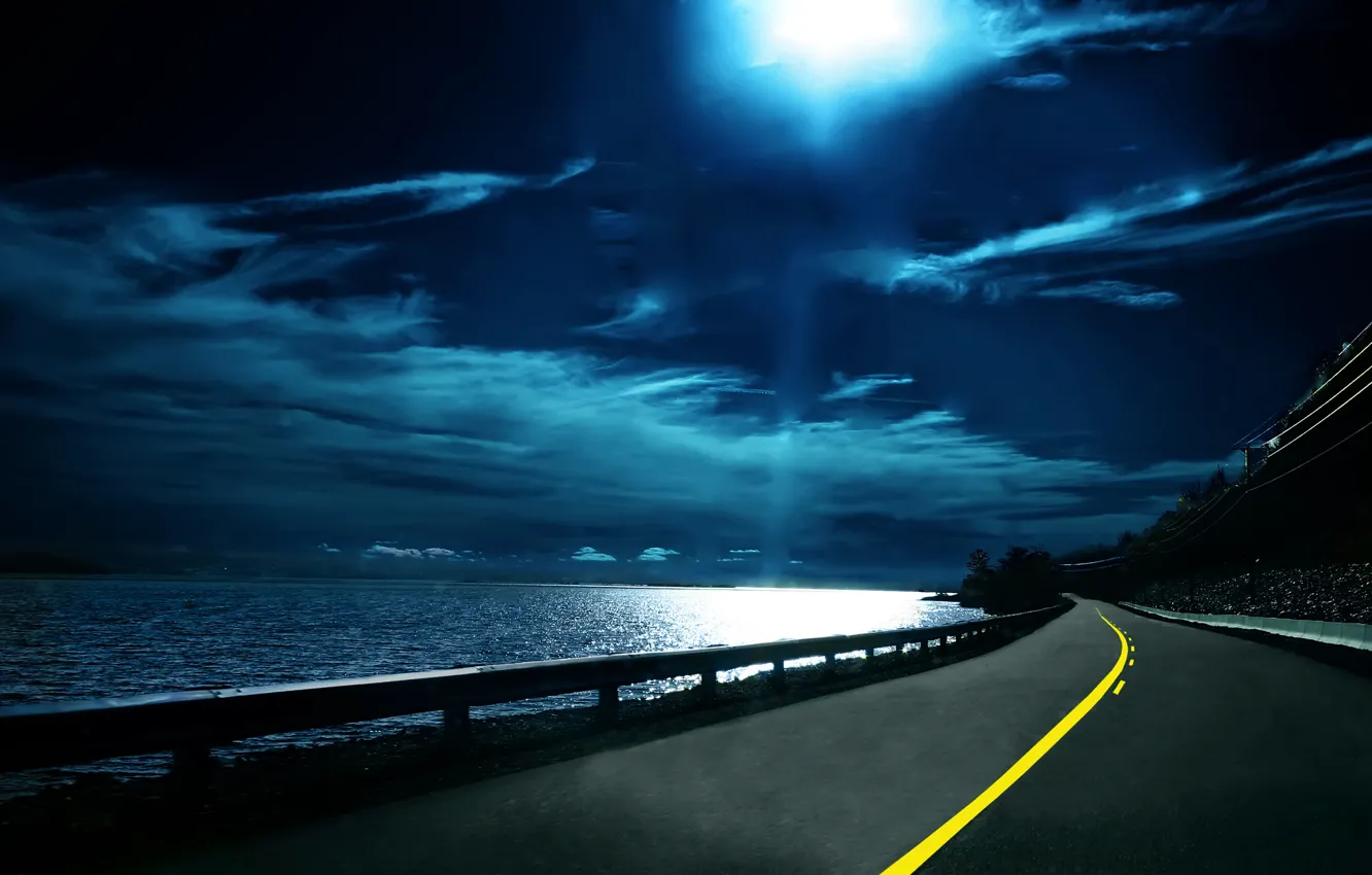 Photo wallpaper road, the sky, water, night, clouds, the way, markup, dal