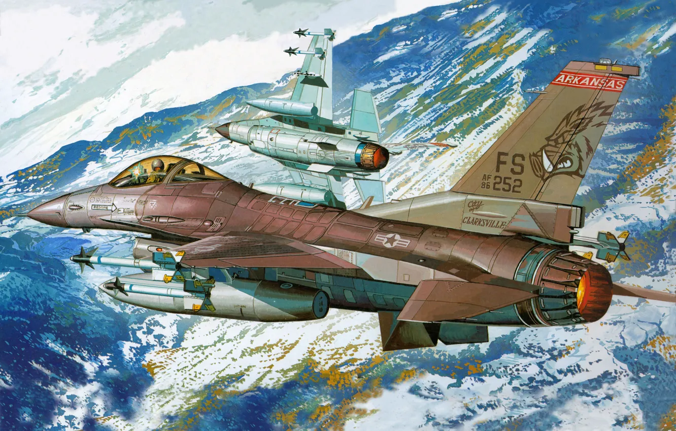 Photo wallpaper aviation, mountains, fighter, art, the plane, BBC, F-16, f-16