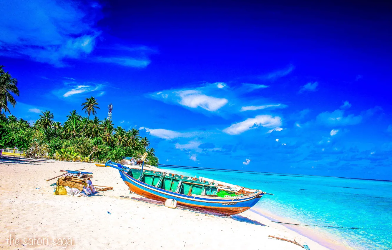 Photo wallpaper beach, palm trees, the ocean, boat, fantastic Maldives
