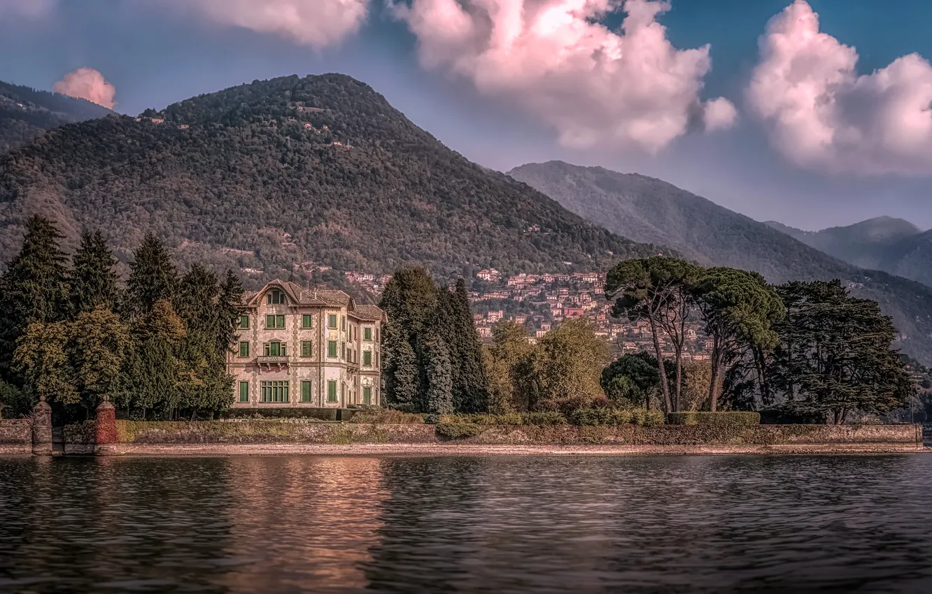 Photo wallpaper forest, the sky, the sun, clouds, trees, mountains, nature, lake