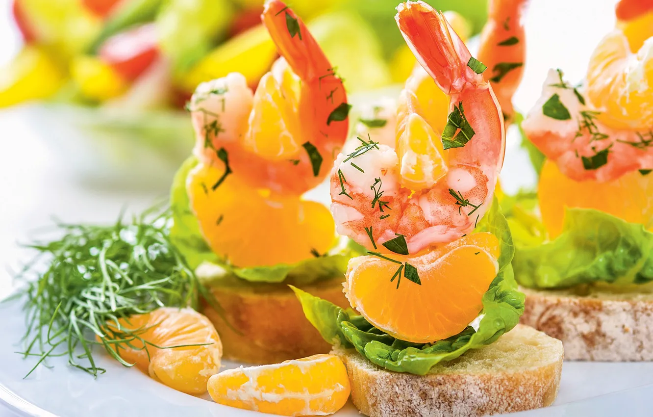 Photo wallpaper tangerines, dill, bread, canapés, shrimp