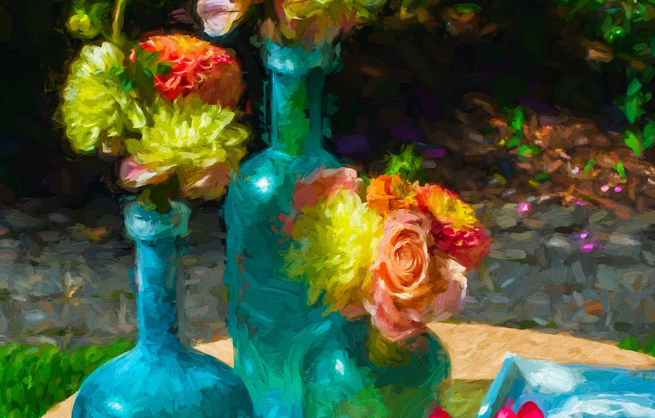 Photo wallpaper flowers, bottle, picture, garden, yard, vase, still life