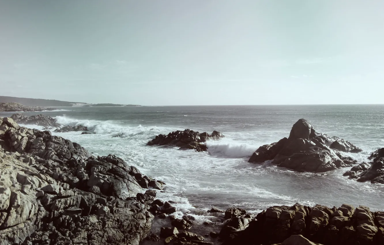 Photo wallpaper sea, stones, rocks, shore, wave, surf