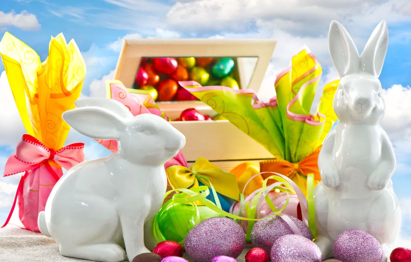 Photo wallpaper chocolate, eggs, Easter, gifts, rabbits, braid, figurines