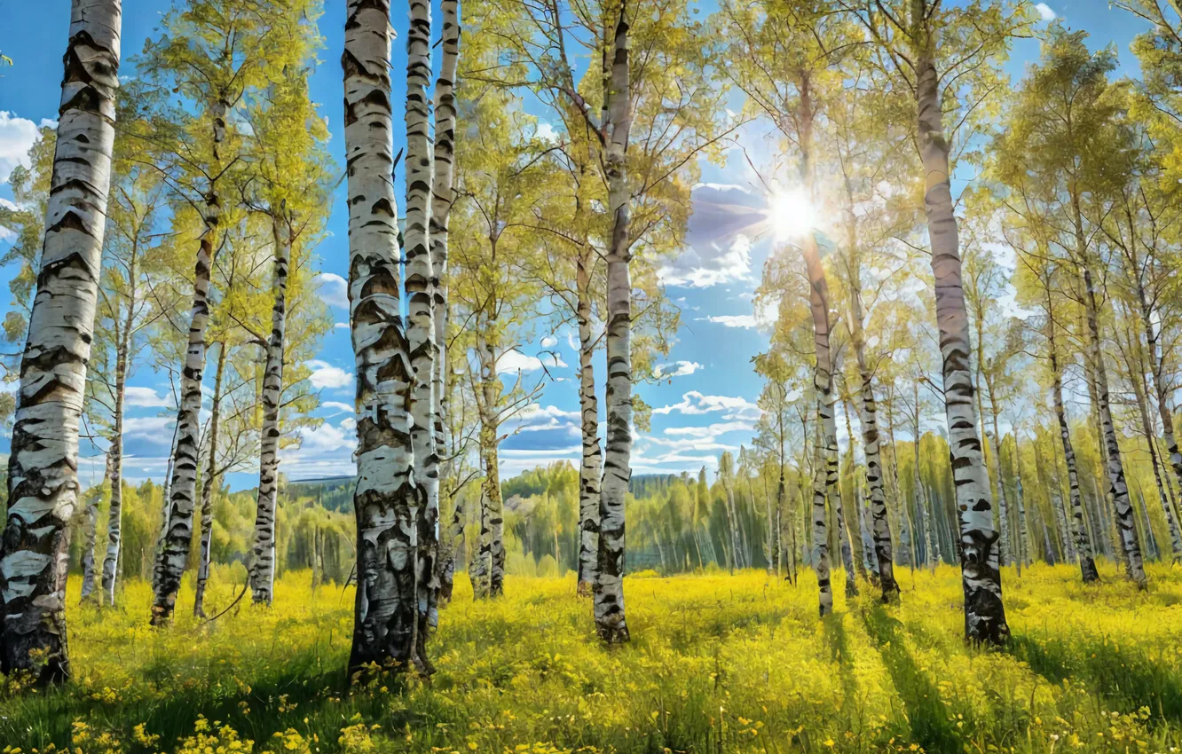 Photo wallpaper greens, summer, grass, the sun, nature, Sunny, birch