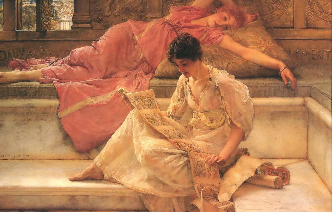 Photo wallpaper girls, painting, friend, Sir Lawrence Alma-Tadema, The Favourite Poet