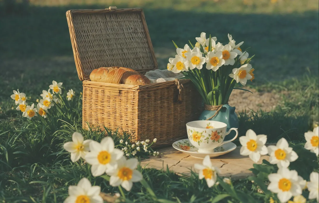 Photo wallpaper flowers, retro, spring, sunshine, picnic, blossom, flowers, daffodils