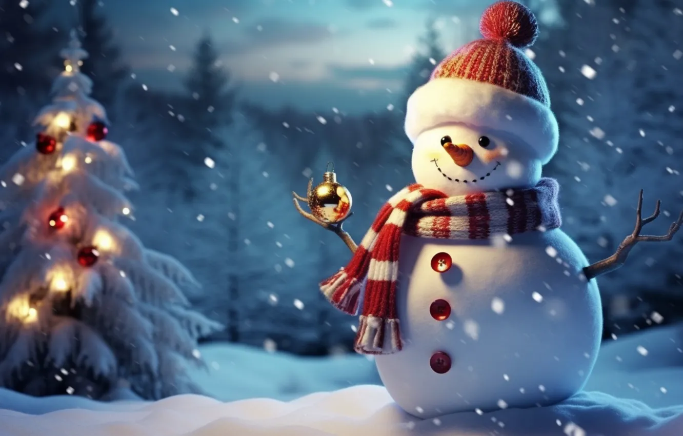 Photo wallpaper winter, snow, new year, Christmas, snowman, Christmas, night, winter