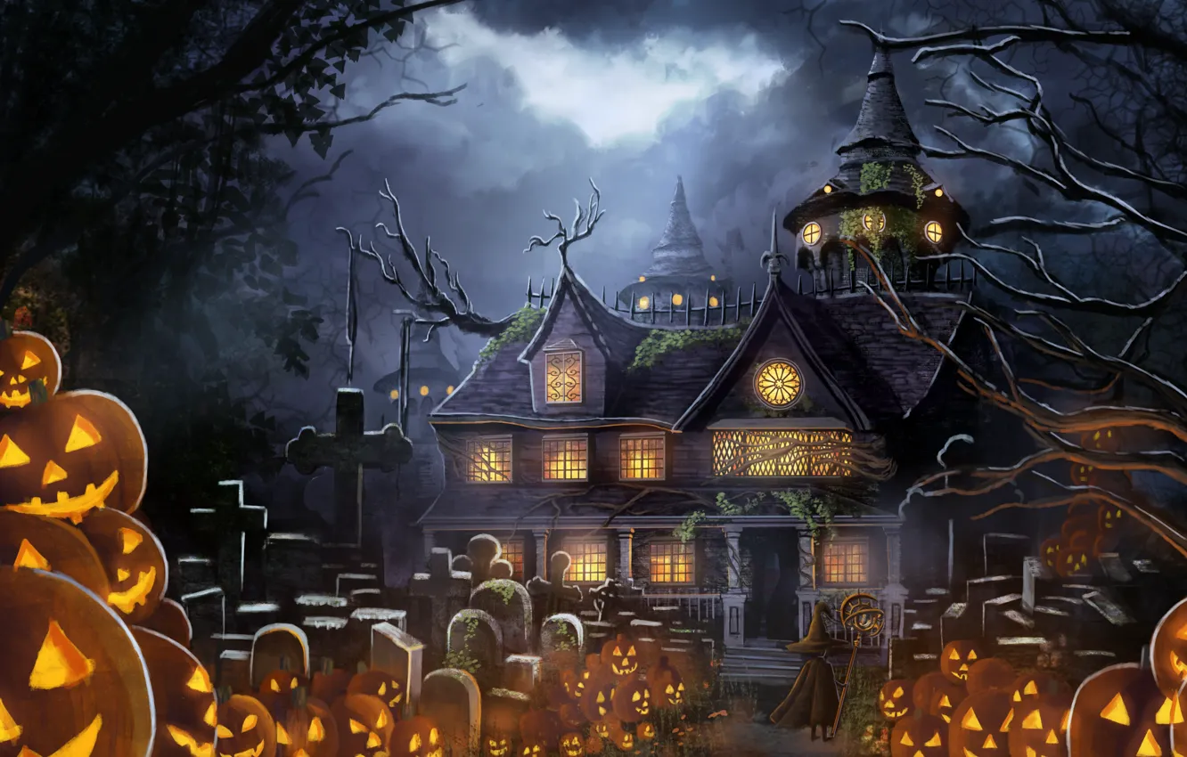 Photo wallpaper house, anime, pumpkin, Halloween, prazdnik