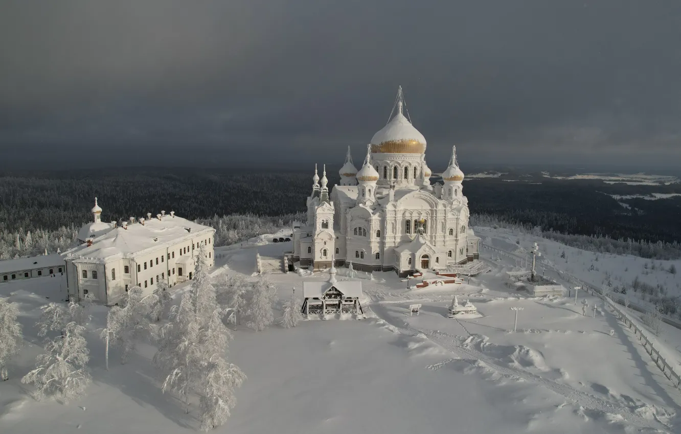 Photo wallpaper winter, snow, landscape, temple, Perm Krai, White mountain, Belogorsky Nicholas monastery, Alexander Lukin