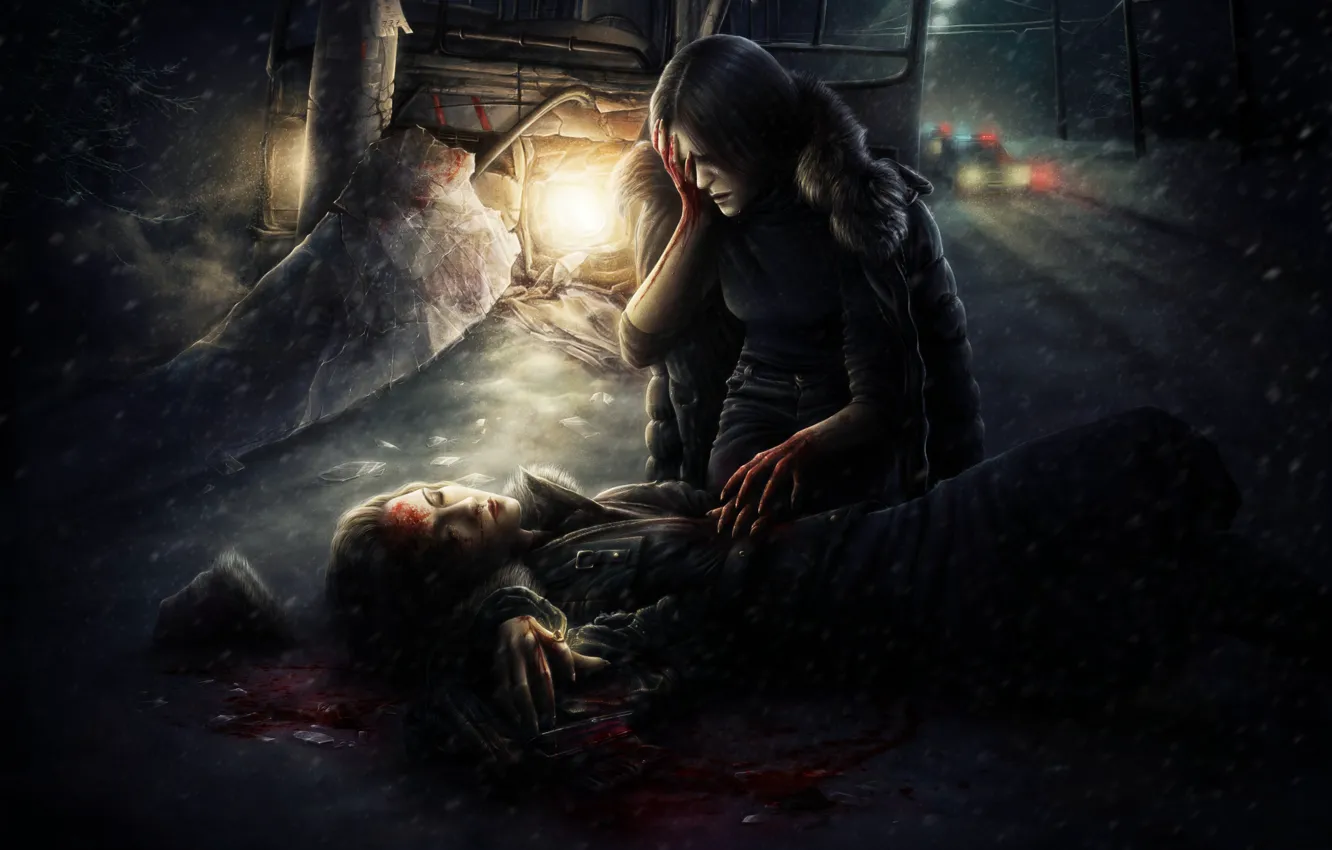 Photo wallpaper road, crash, girl, snow, death, posts, blood, bus