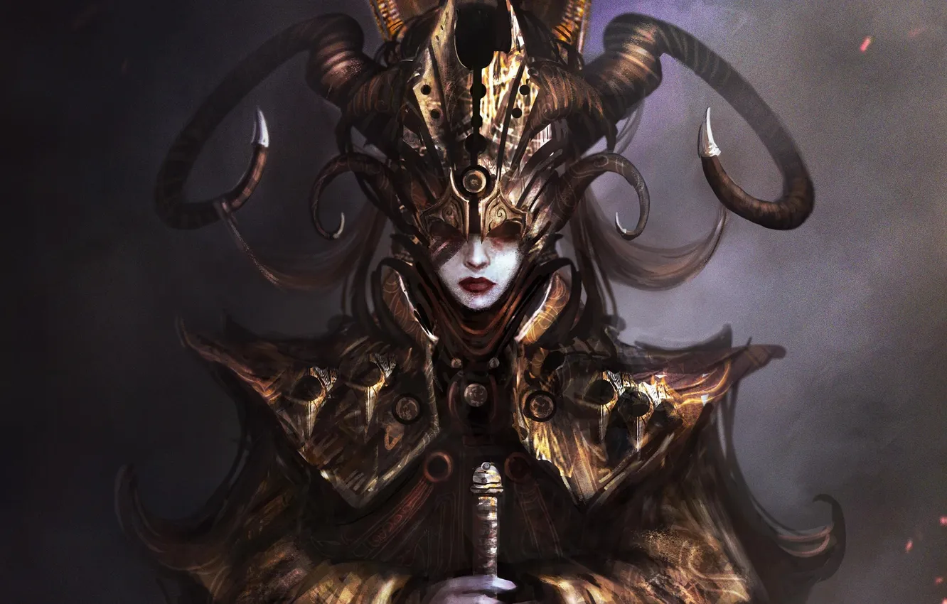 Photo wallpaper girl, art, horns, Queen, cloudminedesign