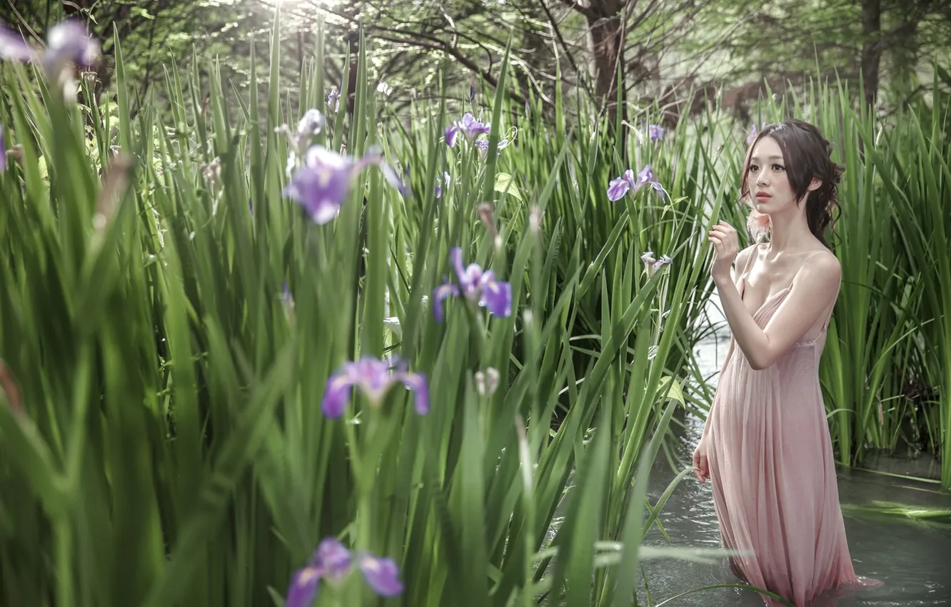Photo wallpaper water, dress, brunette, Asian, iris