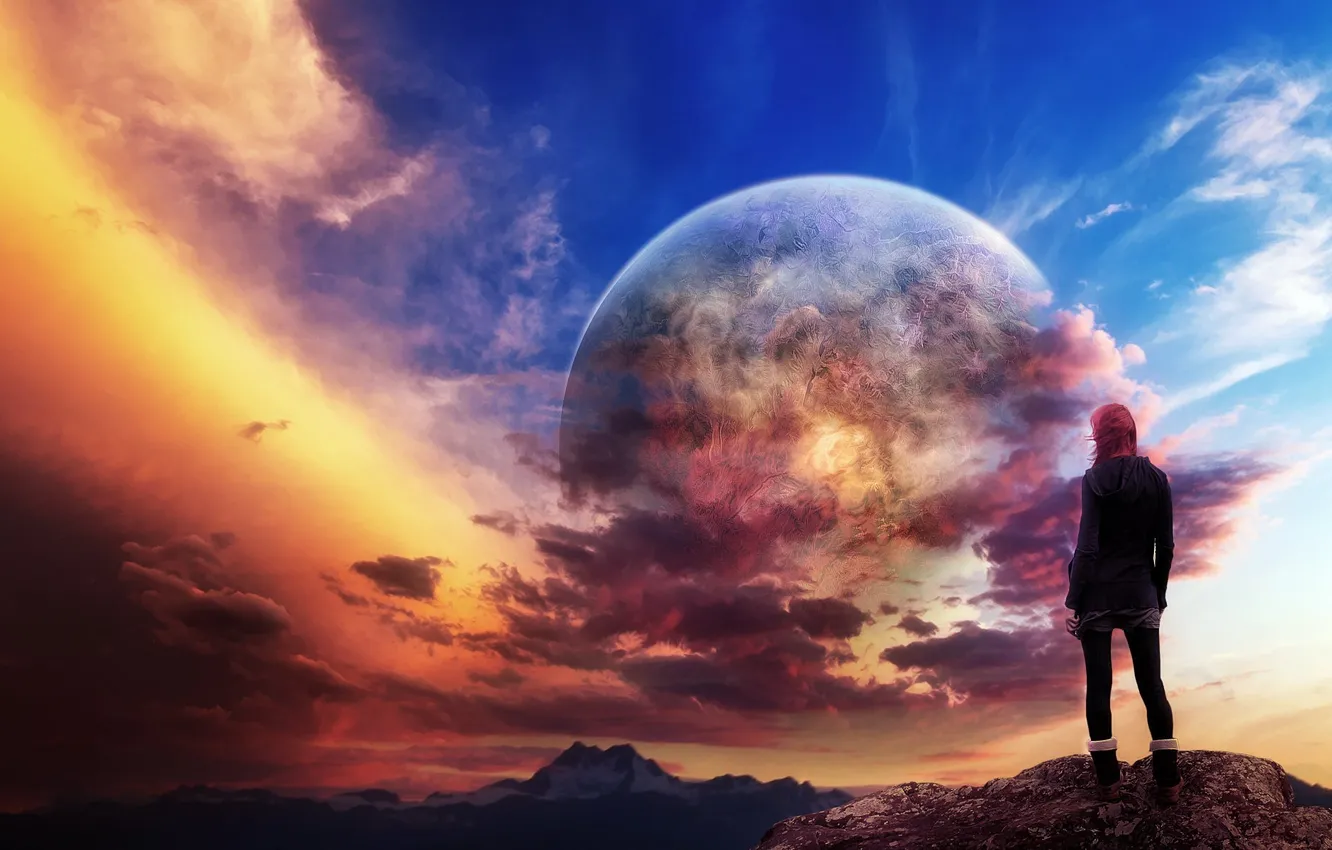 Photo wallpaper the sky, girl, landscape, mountains, background, fiction, the wind, planet