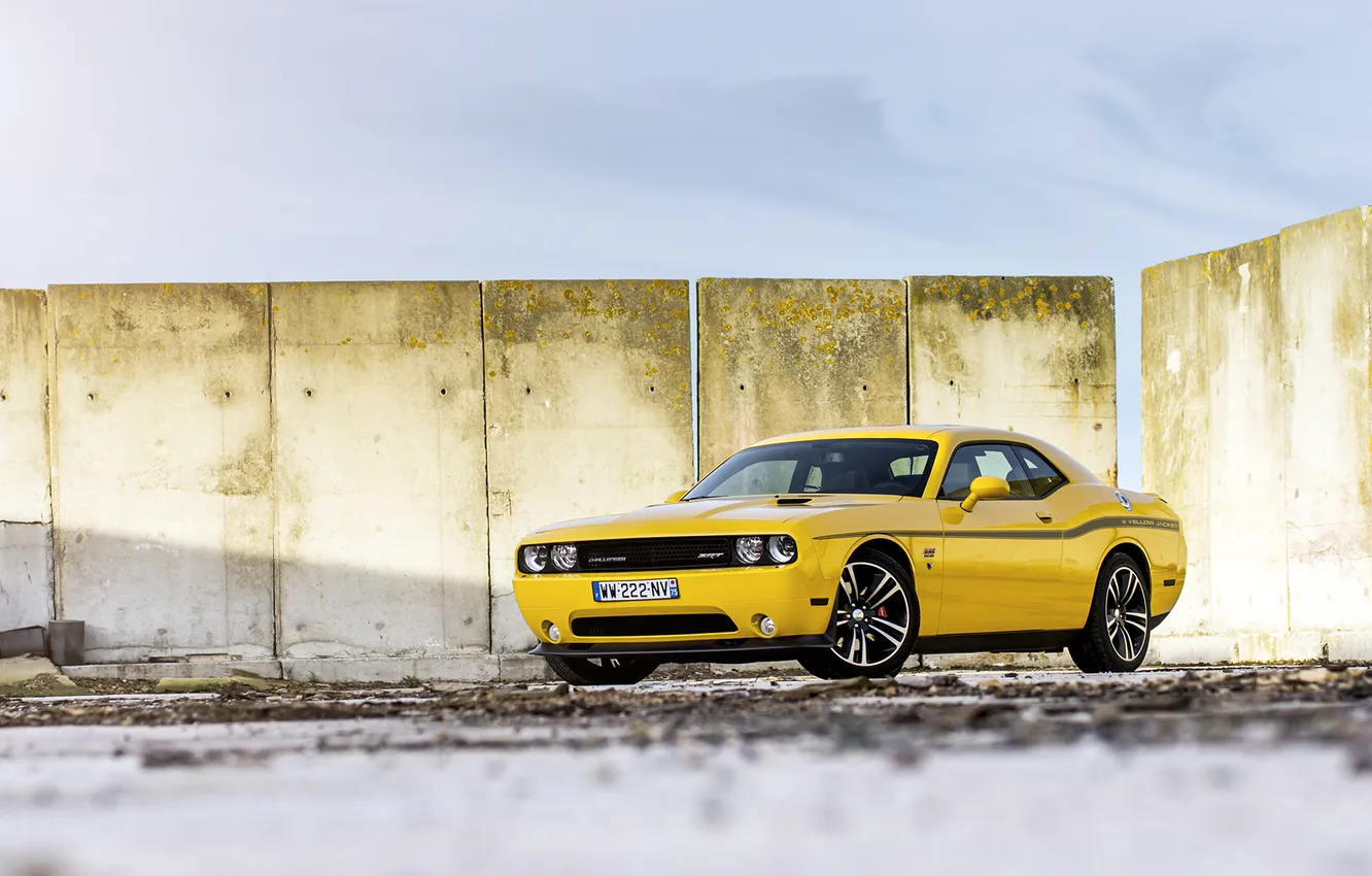Photo wallpaper yellow, Board, muscle car, Dodge, yellow, dodge, challenger, muscle car