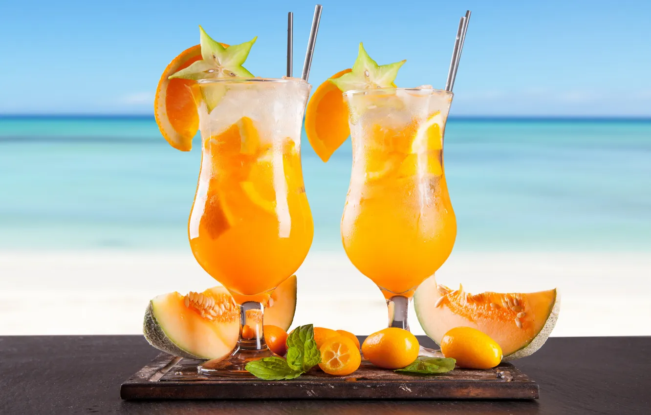 Photo wallpaper sea, beach, cocktail, summer, fruit, beach, fresh, sea