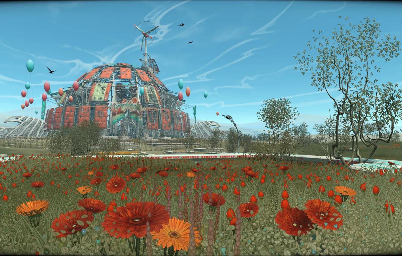Photo wallpaper the sky, flowers, game, gerbera, the dome, amusement Park, Adventure, Mongolia