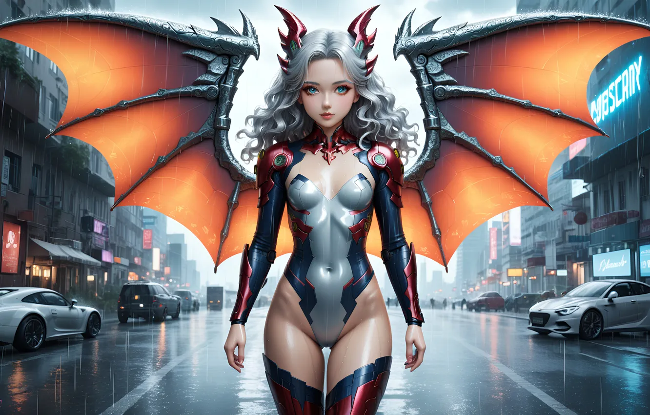 Photo wallpaper city, demon, girl, fantasy, Dark Angel, horns, cars, wings