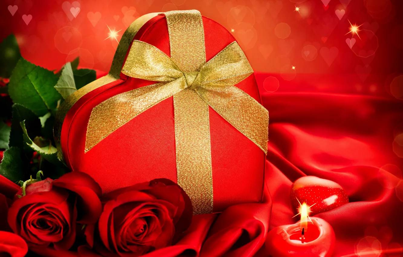 Photo wallpaper flowers, box, gift, heart, roses, candle, candy, Valentine's Day