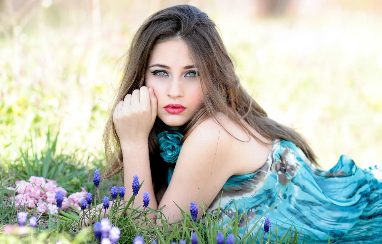 Photo wallpaper grass, girl, flowers, nature, makeup, dress, brown hair, Muscari