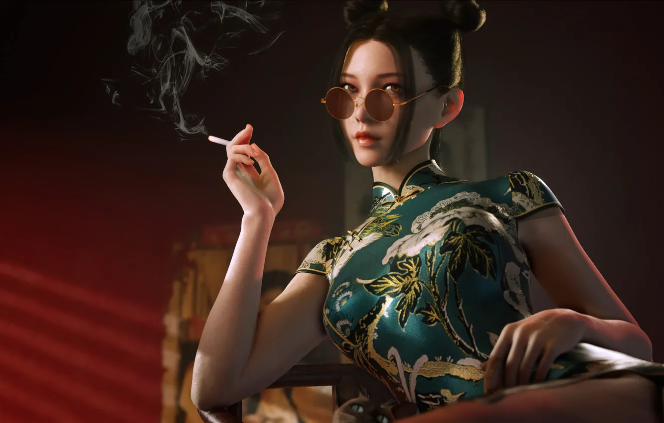 Photo wallpaper smoking, digital art, glasses, CGI, Character Design