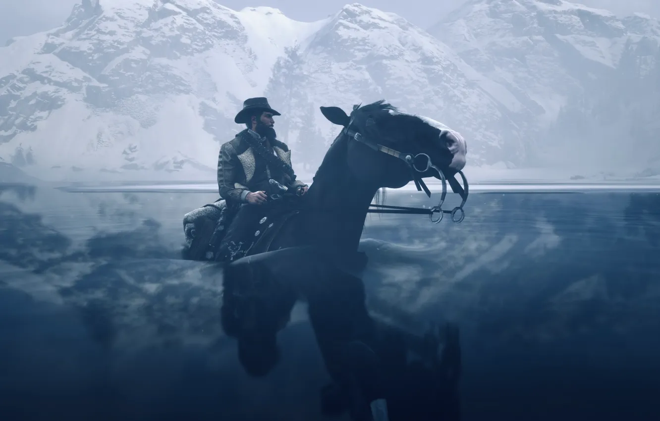 Photo wallpaper HDR, ice, rock, game, sea, water, winter, horse