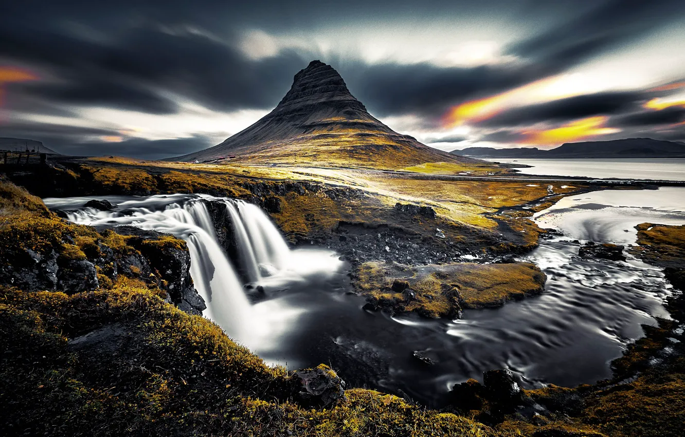 Photo wallpaper mountains, clouds, river, waterfall, Iceland, Kirkjufell