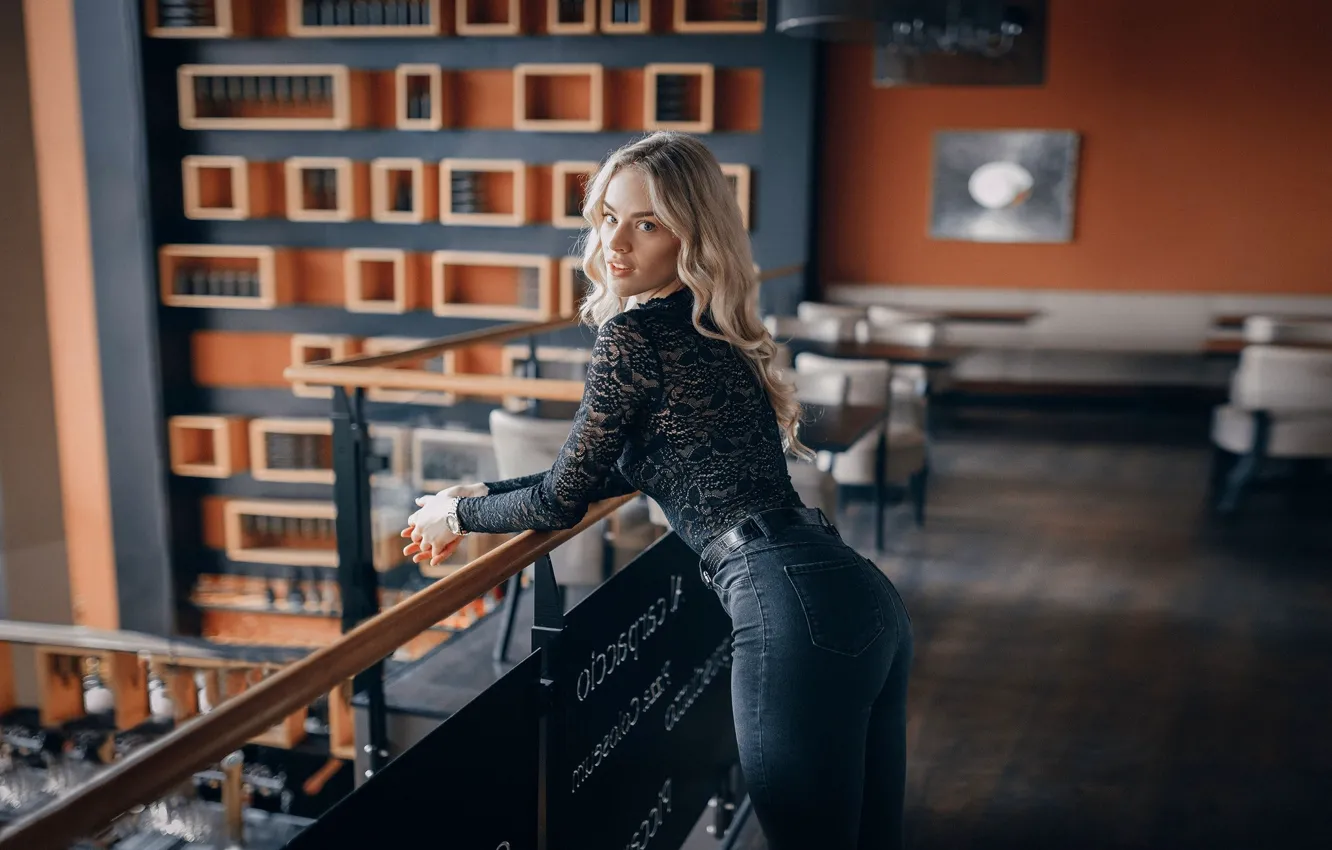 Photo wallpaper girl, pose, jeans, figure, blonde, cafe, Jiří Tulach, Adela Petrskovská