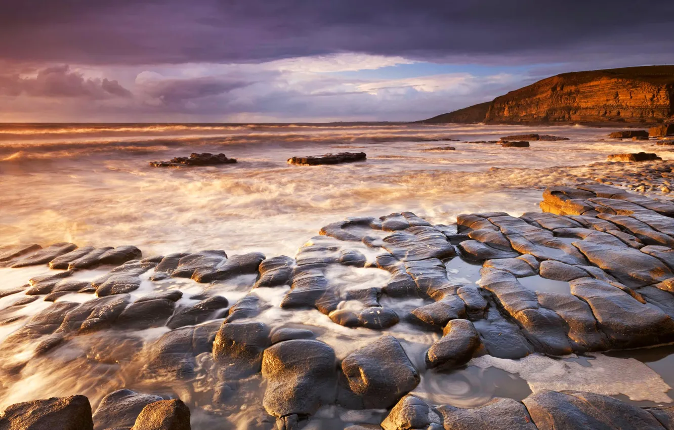 Photo wallpaper sea, stones, rocks, Wales, Glamorgan Heritage Coast, Dunraven Bay