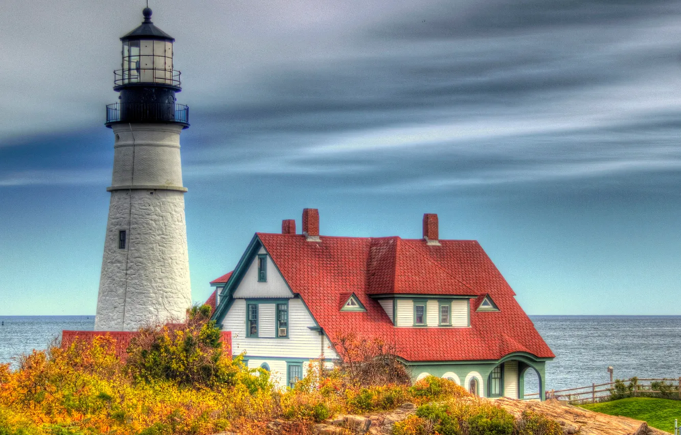 Photo wallpaper roof, sea, autumn, the sky, house, lighthouse