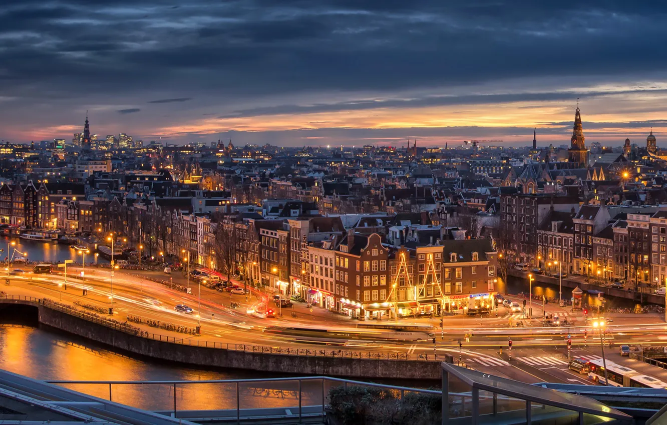 Photo wallpaper River, Amsterdam, Amsterdam, Night city, Night Cities