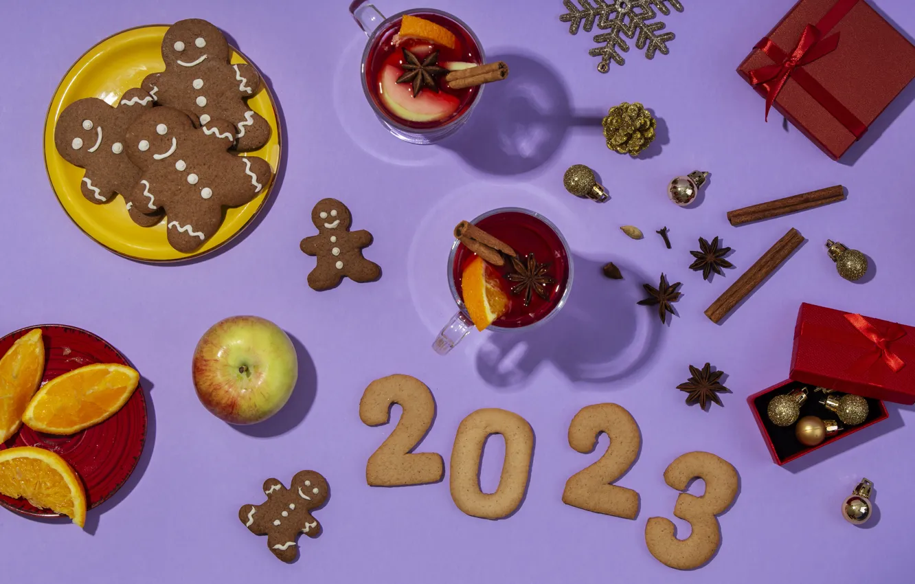 Photo wallpaper box, orange, mug, cookies, lilac background, date, figures, men