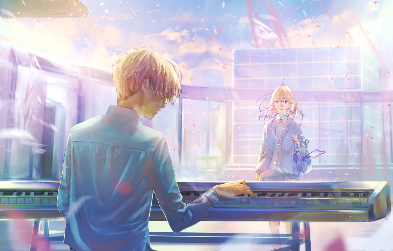 Photo wallpaper roof, girl, music, guy