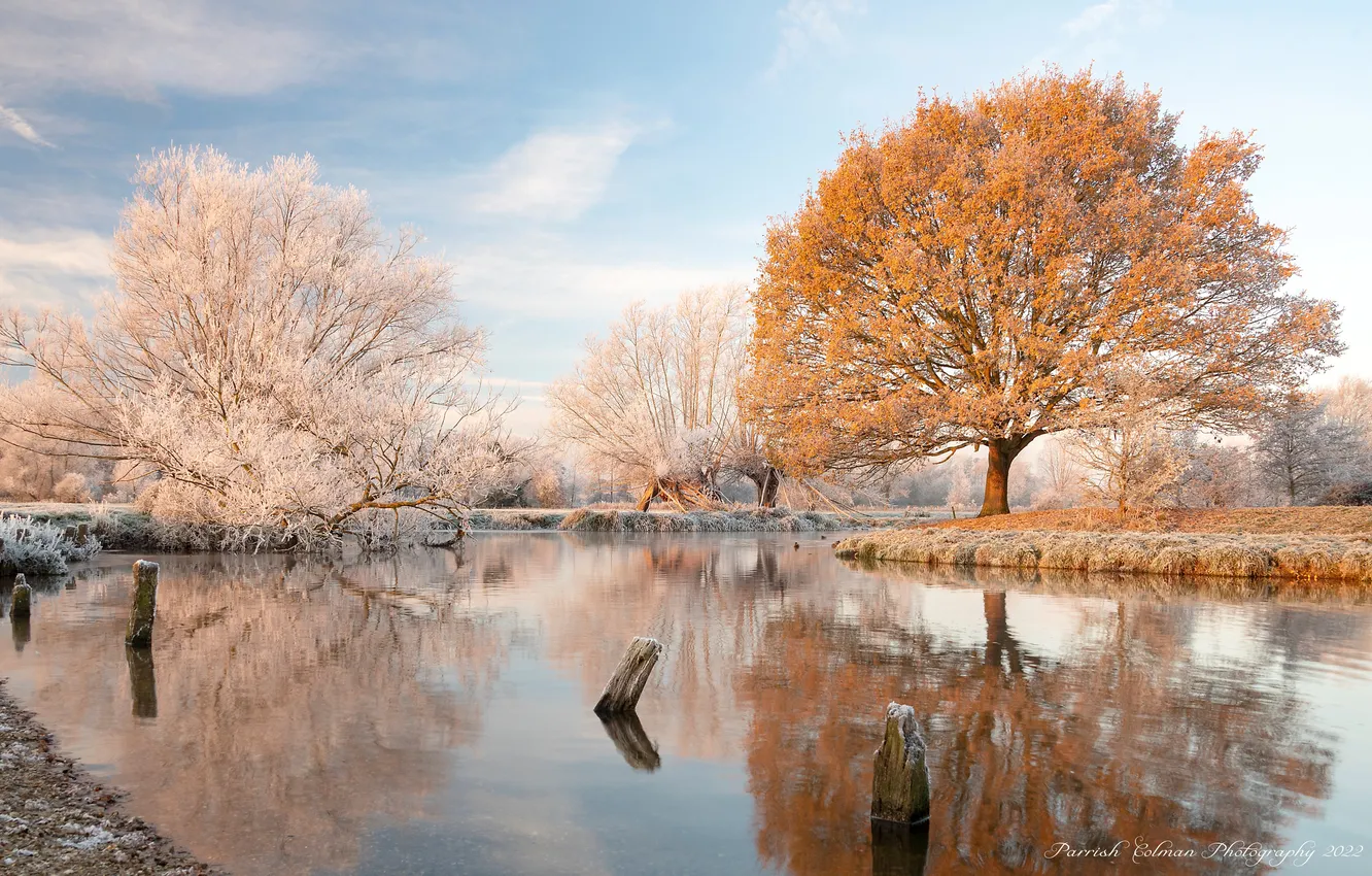 Photo wallpaper winter, frost, autumn, landscape, nature, reflection, river