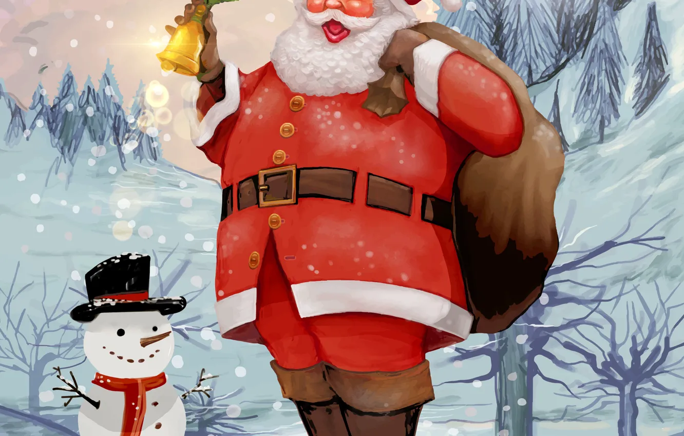 Photo wallpaper Winter, Christmas, New year, Santa Claus, Bell, Gifts, Snowman, Bag