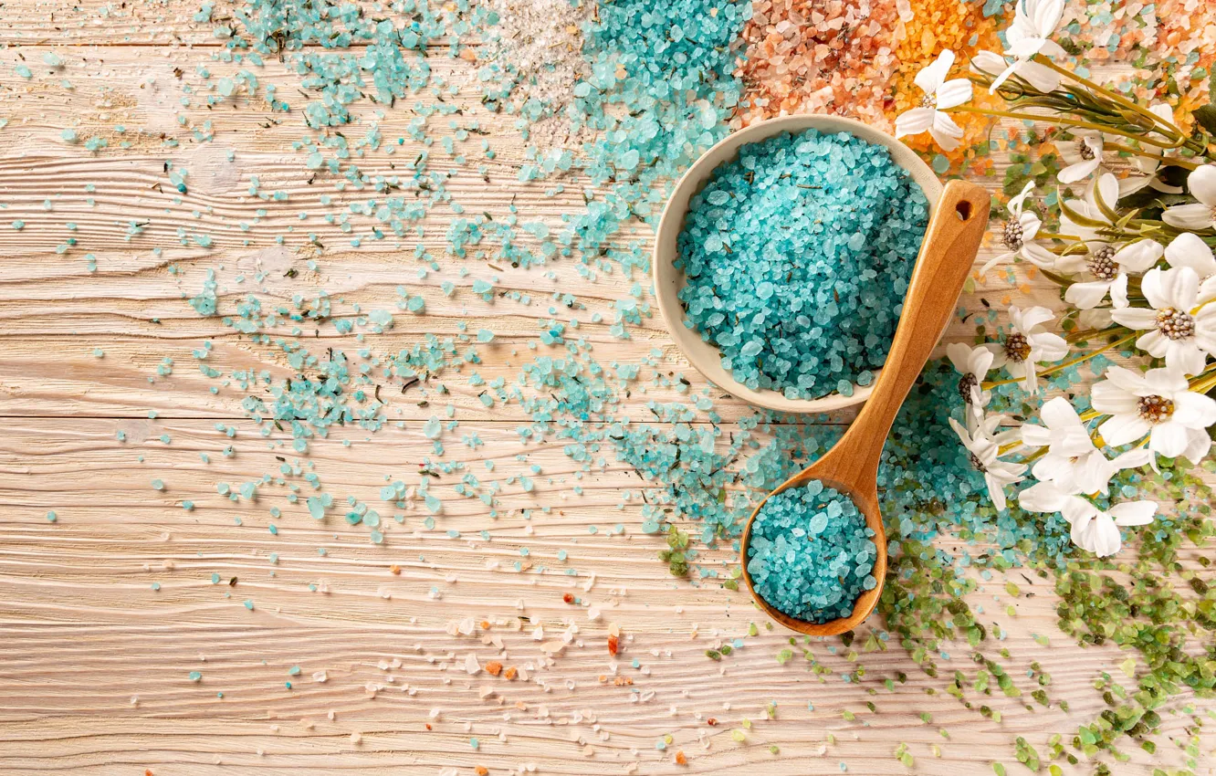 Photo wallpaper flowers, blue, Board, spoon, bowl, Spa, sea salt, salt for the bath